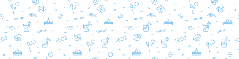A background pattern design with skateboards, desserts, lemonade and bubbles.