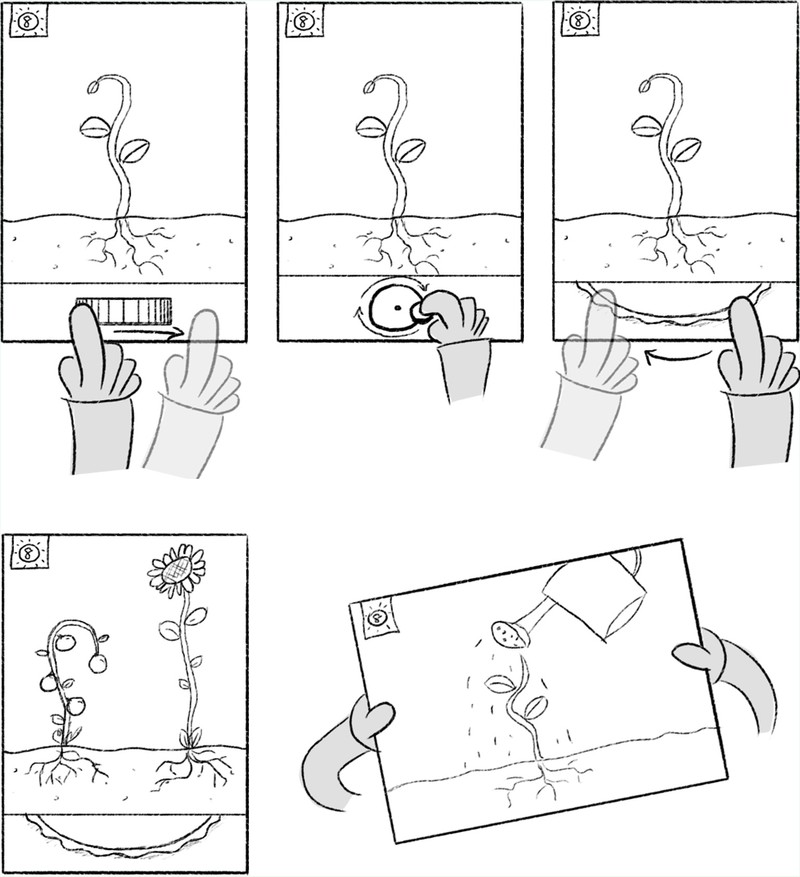 Sketches of various app screens featuring plants with different game mechanics—spinning different types of wheels to grow the plant and tilting the game screen to water a plant.