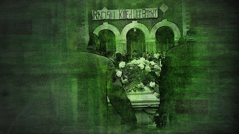 A green, textured and illustrated image with men holding Jimmie Lee Jackson's casket at his funeral. The words “Racism Killed Our Brother” are displayed on a banner on a building in the background.