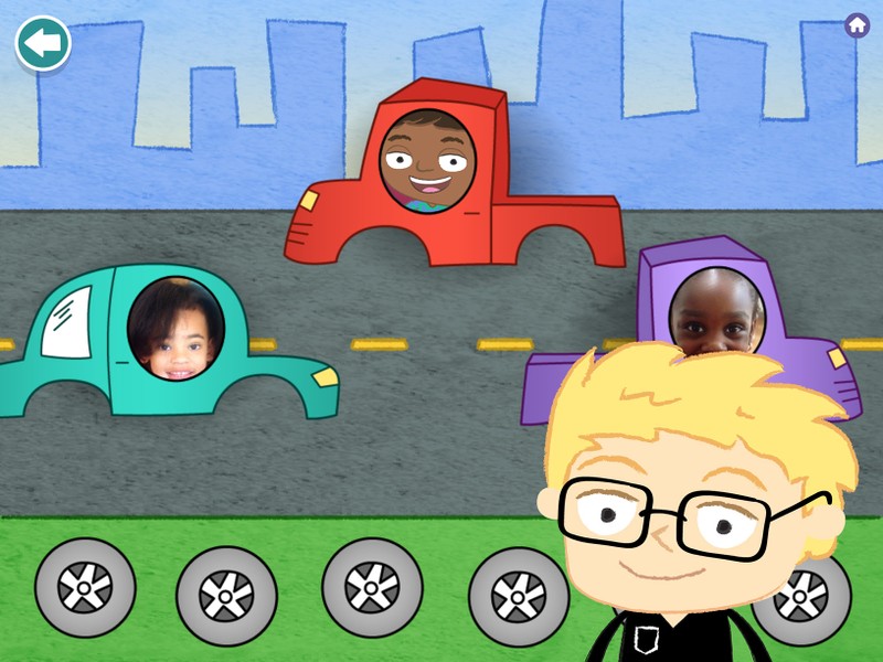 A game screen showing photos of students within an illustrated scene of cars in a city.