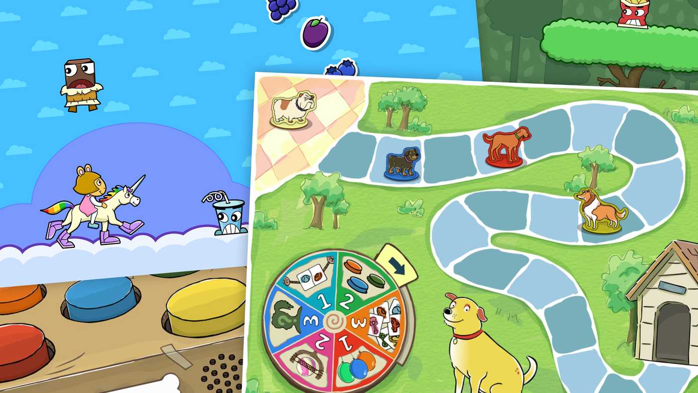 A composite image of four different kids app screens featuring characters from Martha Speaks and Arthur.