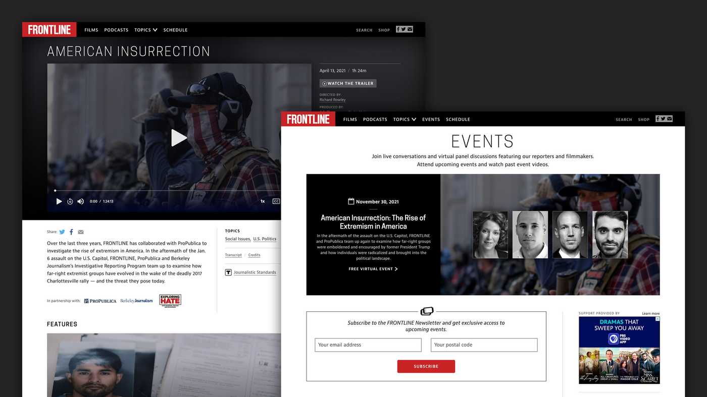 Two screenshot images showing the design of the FRONTLINE website. One image is of a documentary film page and the other is of the events section.