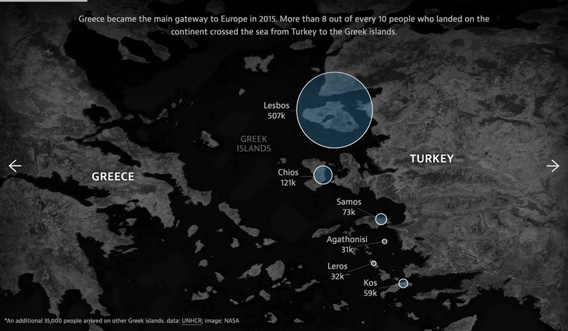 Map showing migrant arrivals to Greek islands in 2015.