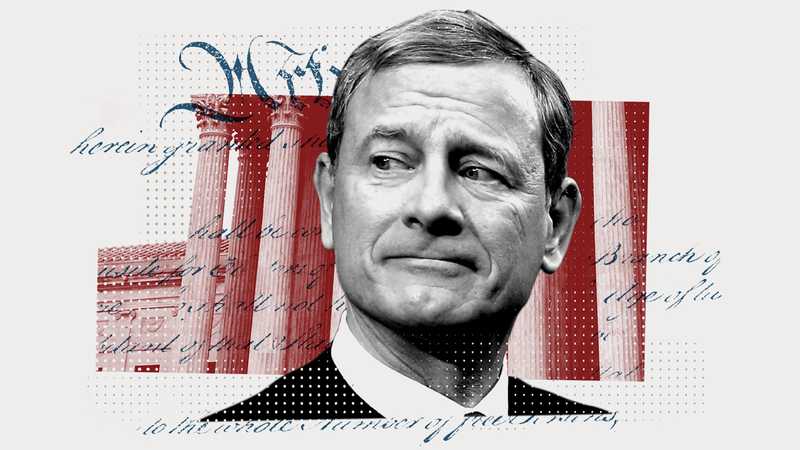 A collage image of chief justice John Roberts combined with pillars from the Supreme Court building and pieces of text from the U.S. Constitution.