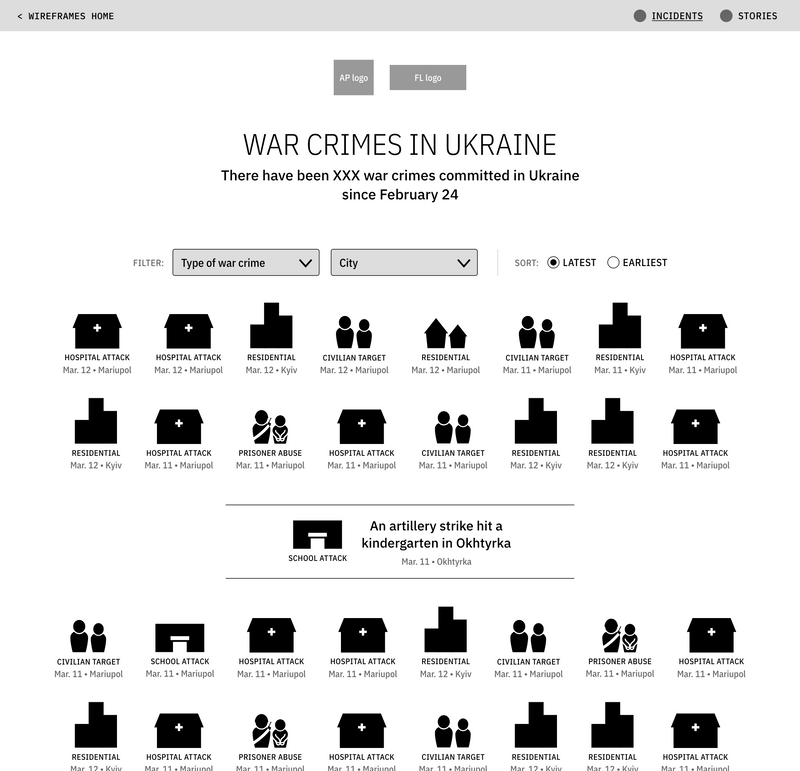 A web application wireframe showing a database of war crimes in Ukraine with icons of buildings and people for each attack.