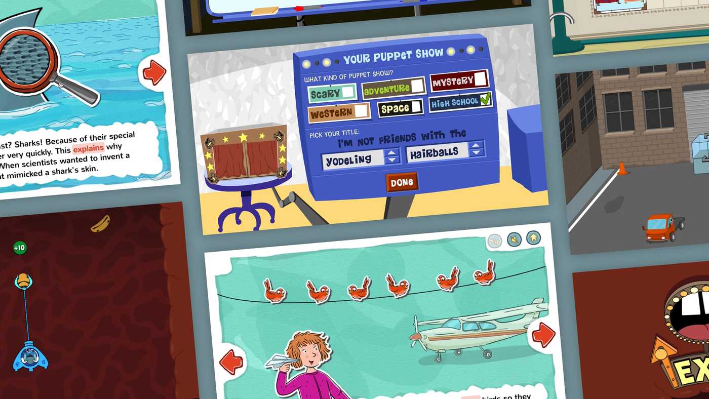 A composite image of screens from several different educational web games for PBS kids series.