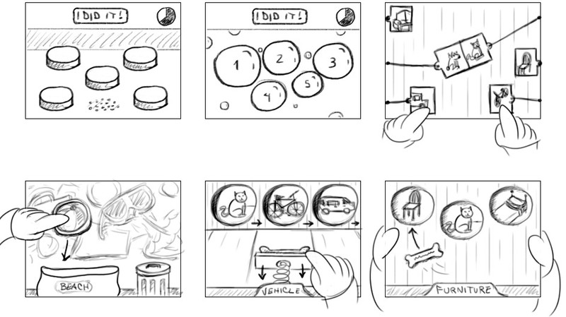 Thumbnail sketches showing various game mechanics for apps: connecting cards together, dragging stickers into a bag, pulling back a spring shooter and sliding a bone into a hole.